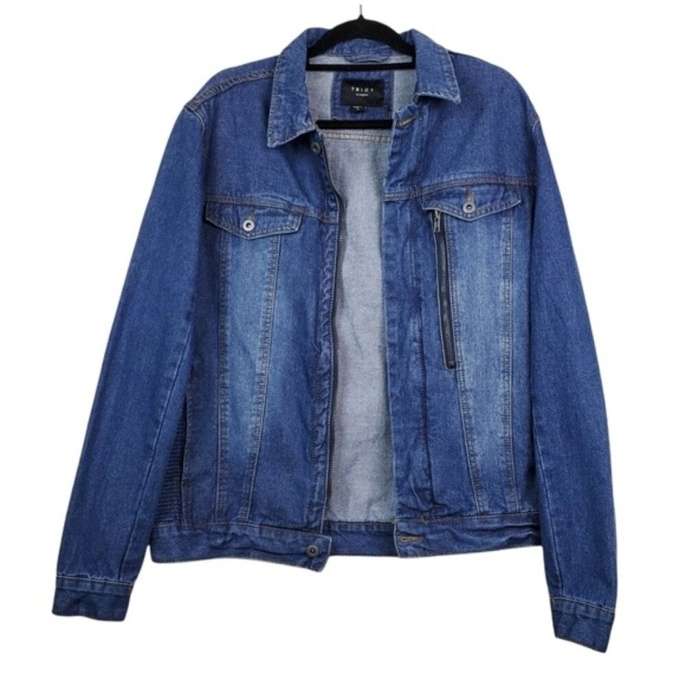 Triot Mens Blue Front Zip Denim Jean Jacket Size L NWT